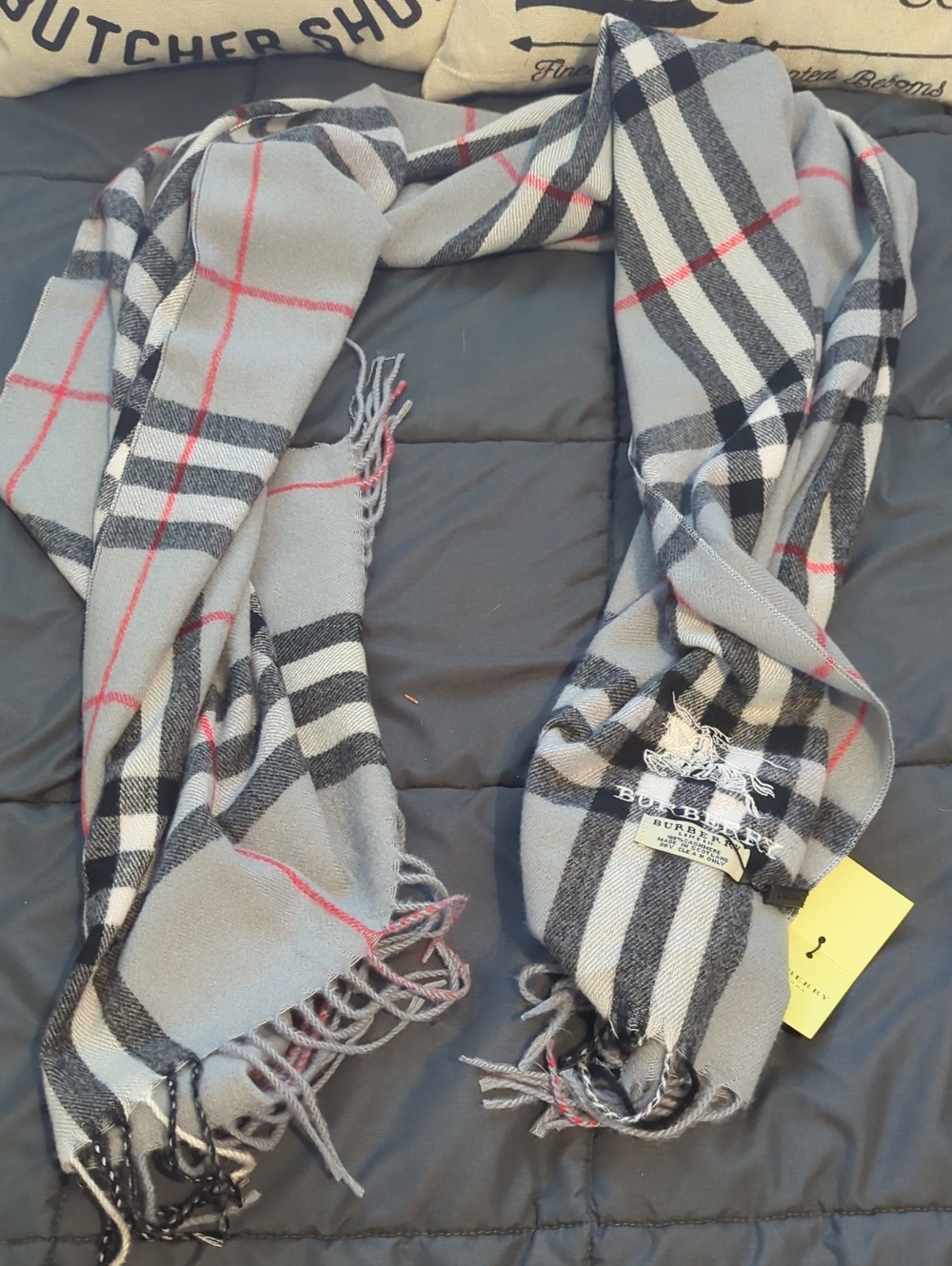Authentic Burberry Gray Nova Check Fringe Cashmere Long Scarf Made In Scotland